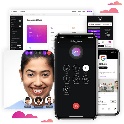 Collage of product imagery including a video call, admin portal page and smartphone dialing screen.